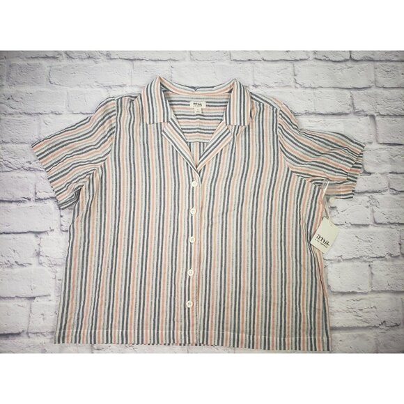 NEW A.N.A Women's Size Large Multi-Color Stripe Button Front Short-Sleeve Blouse - Picture 1 of 6